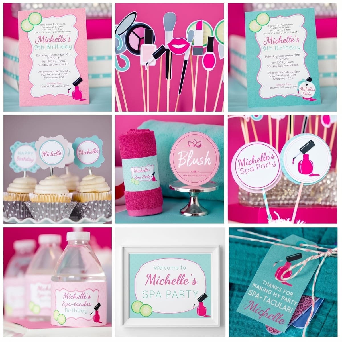 Spa party set-up in pink and teal: invitations, cupcakes, a rolled towel, nail polish props and a Blush sign
