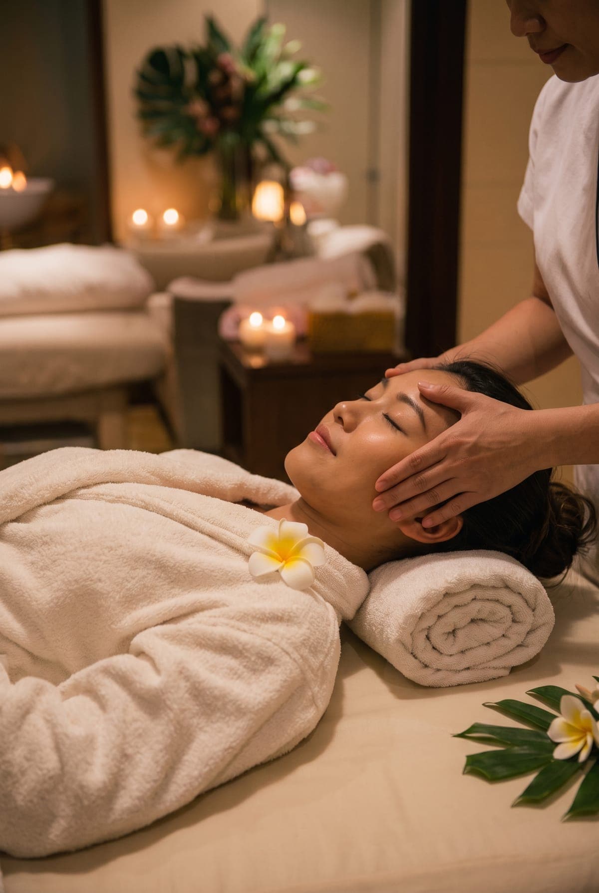 A relaxed client in a robe getting a gentle head massage, with candles glowing in the background